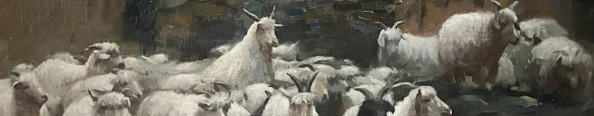 油畫作品局部：羊群走在回家的路上