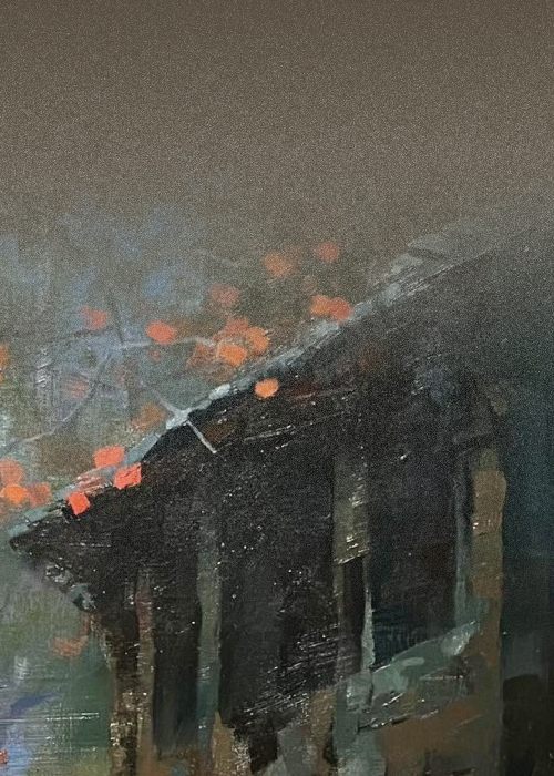 林秀霞油畫作品局部：柿紅落葉與老屋屋簷
