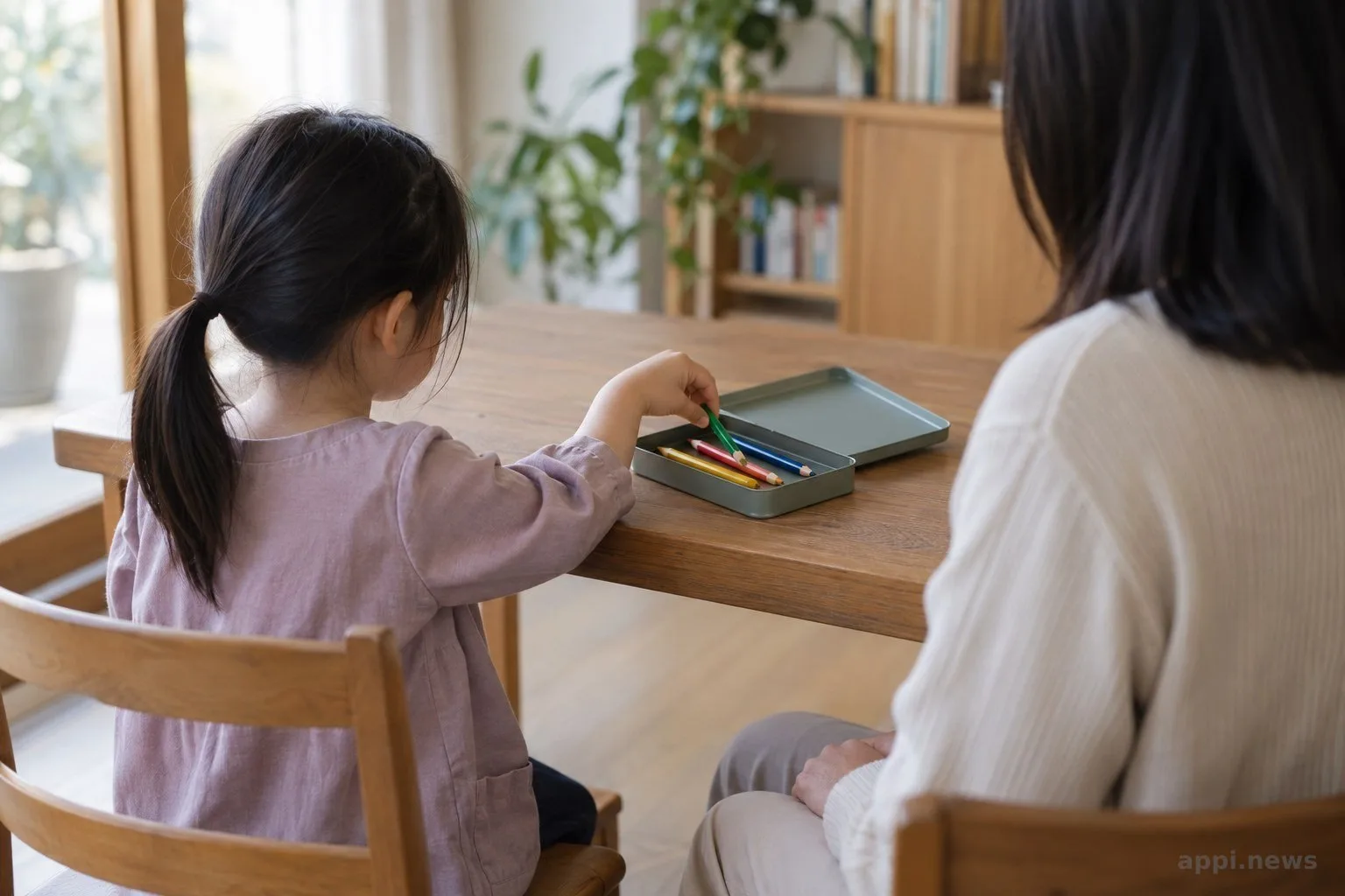 孩子坐在桌前挑選彩色畫筆，大人在一旁保持適當距離。
