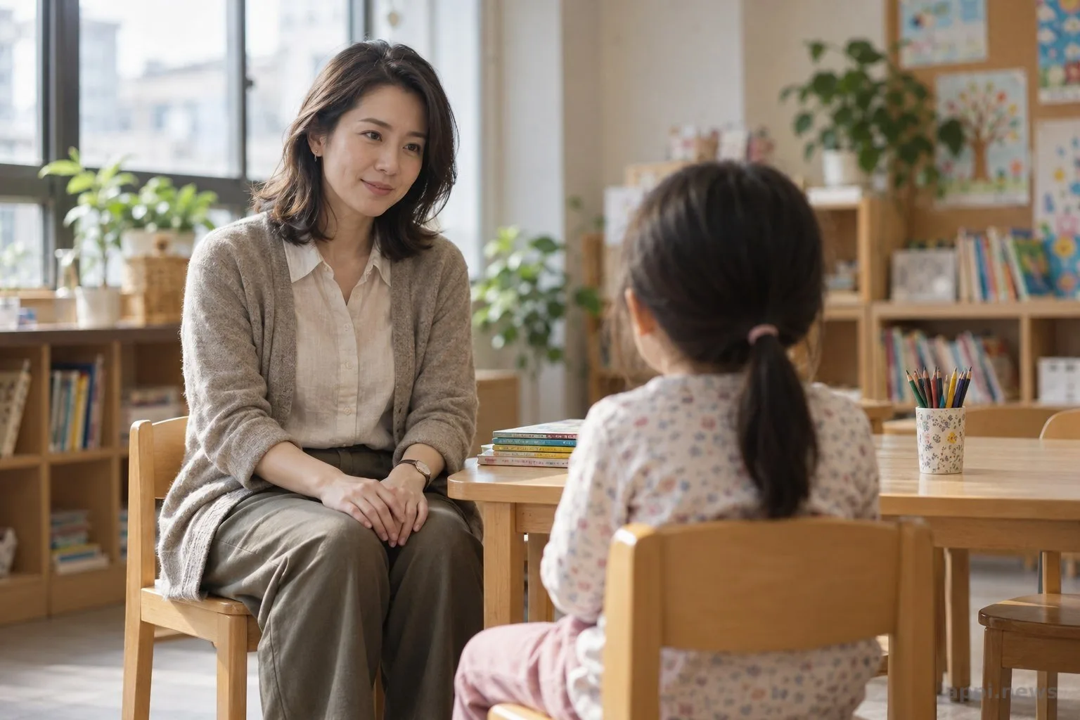 台灣社區教室裡，一位成人坐在背對鏡頭的孩子附近。